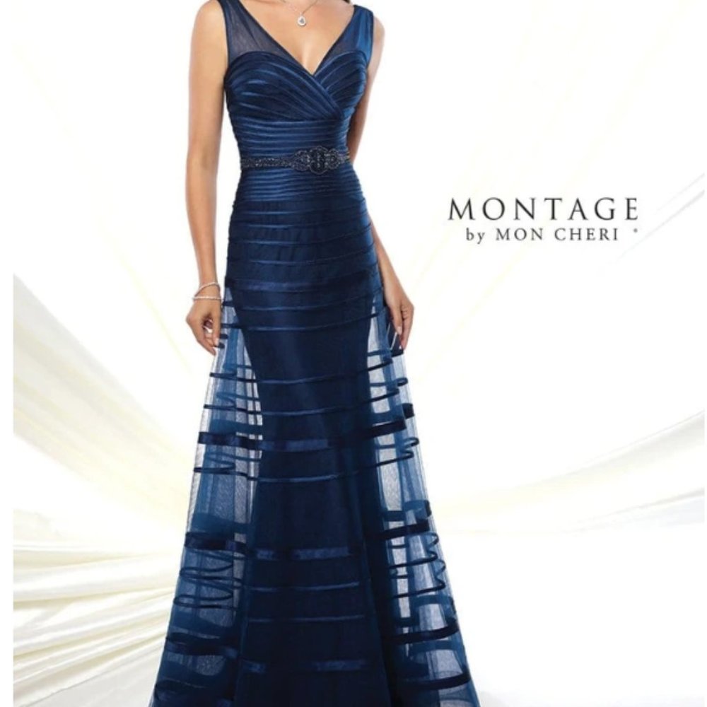 MONTAGE BY MON CHERI STRIPED V NECK DRESS (MINK)